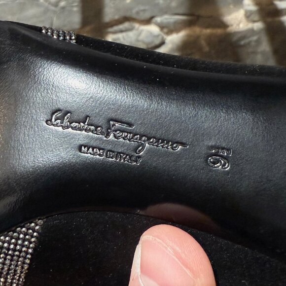 Salvatore Ferragamo Black Satin Crystal Embellished Pumps - Picture 8 of 12
